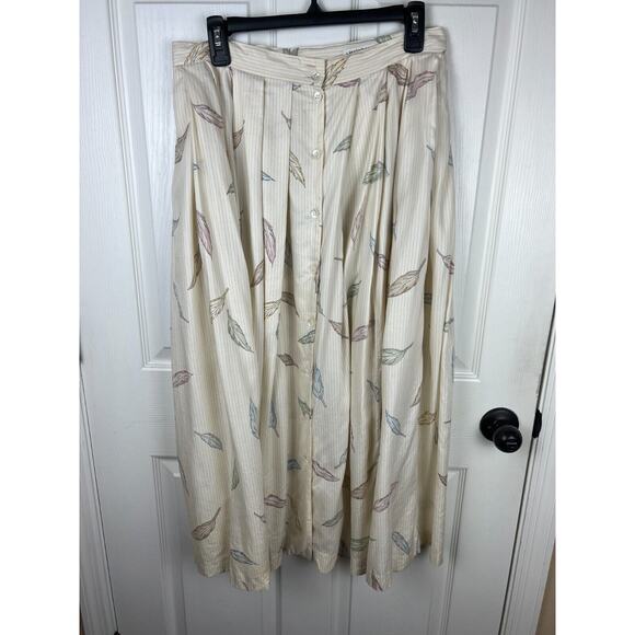 80s Liz Claiborne Size 14 Rayon Midi Pleated Pastel Feather Cream Stripe Skirt - Picture 9 of 10